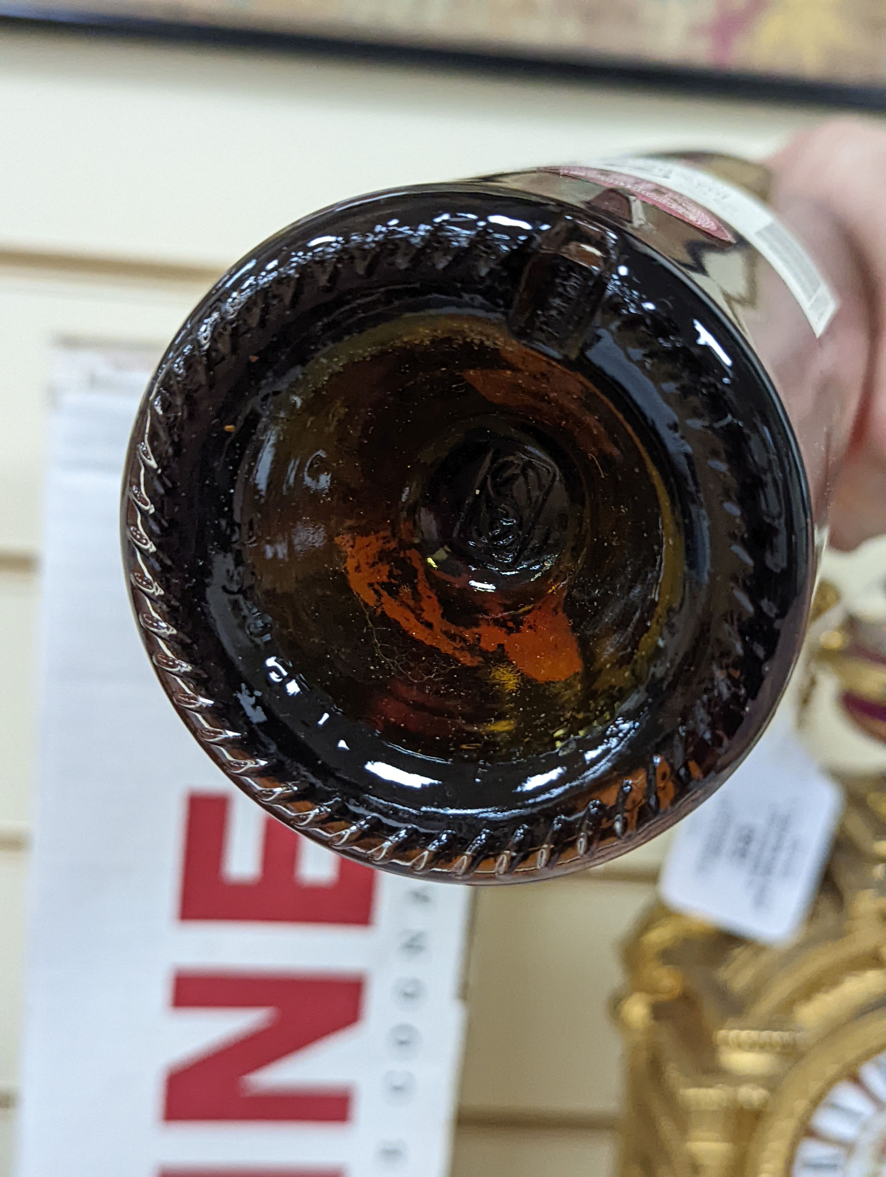 One bottle of Hine Grand Champagne Cognac, 1975. Original cardboard box.